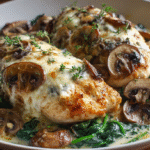 Hero shot of Chicken Spinach Mushroom Bake with melted cheese and vibrant spinach