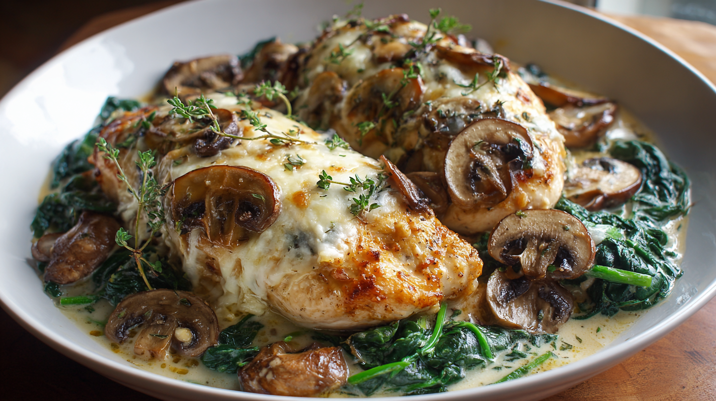 Hero shot of Chicken Spinach Mushroom Bake with melted cheese and vibrant spinach