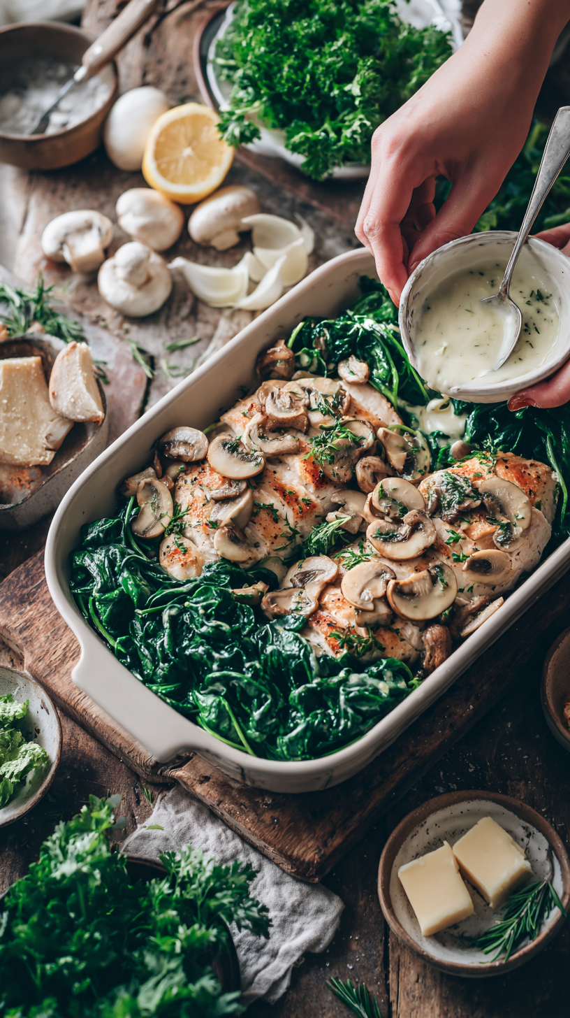 Preparing Chicken Spinach Mushroom Bake step by step cooking process