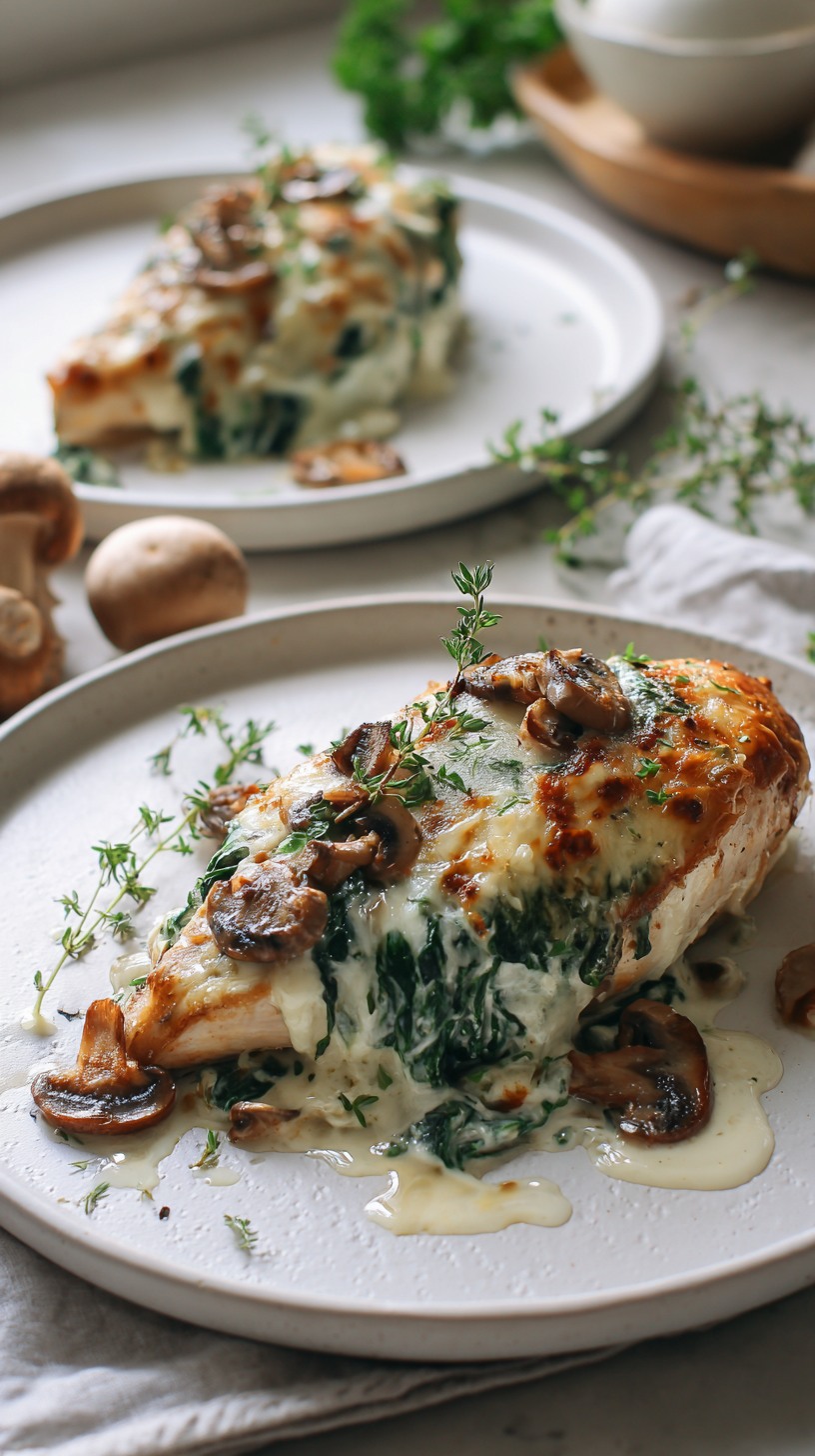 Chicken Spinach Mushroom Bake being served on beautiful dinnerware