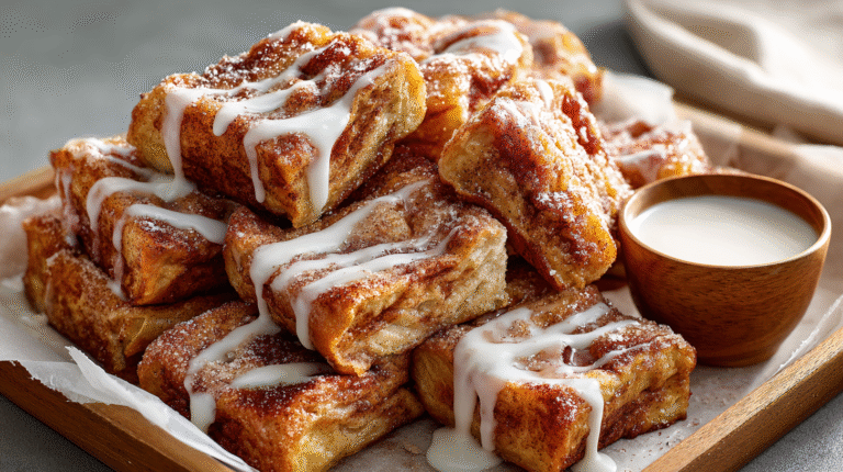 Hero shot of Cinnamon Roll French Toast with golden-brown crust and cinnamon glaze