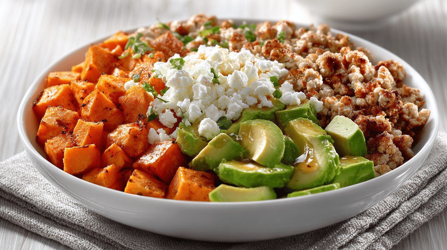 Hero shot of Cottage Cheese Turkey Bowl with ground turkey and spinach