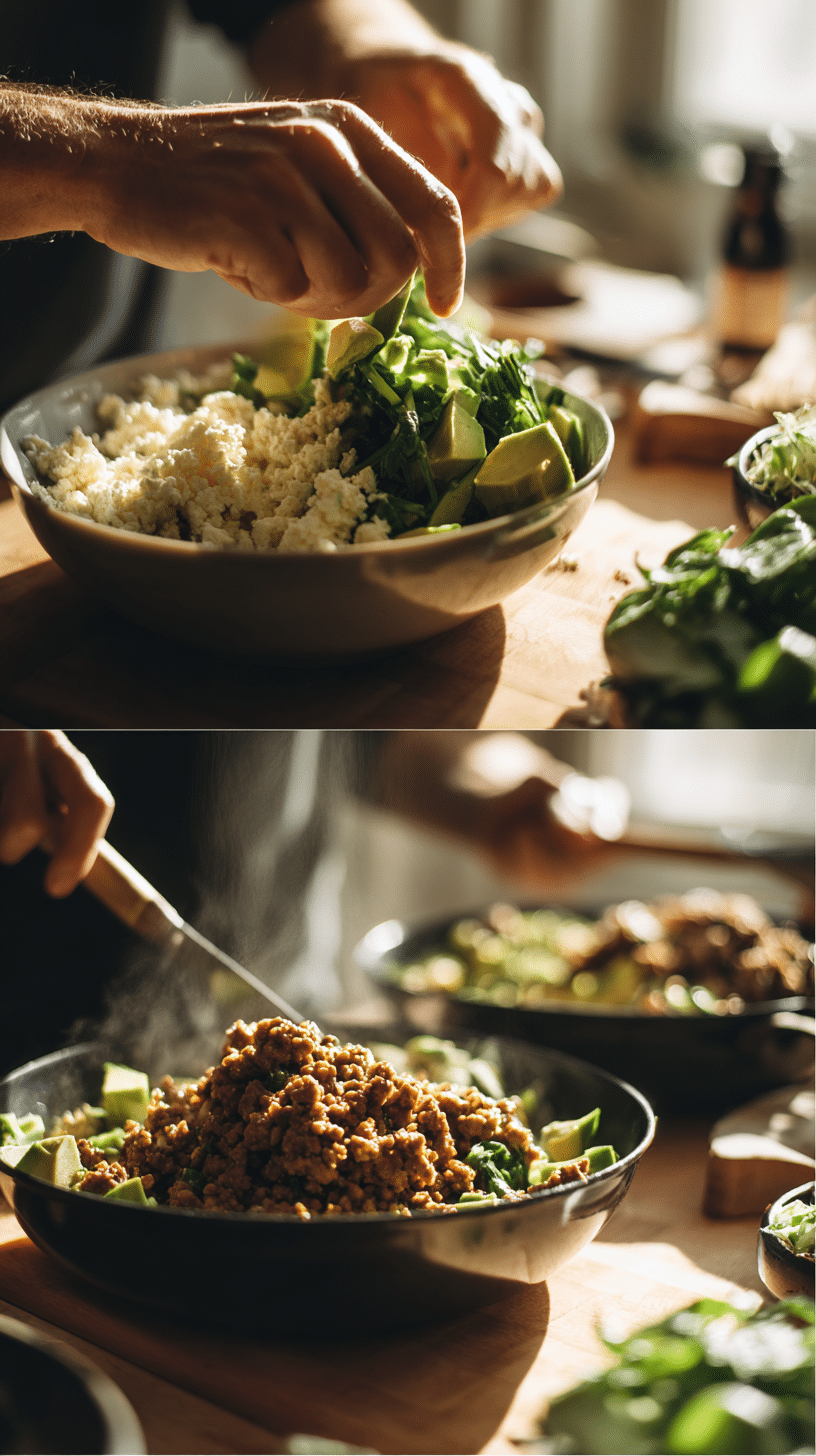 Preparing Cottage Cheese Turkey Bowl step by step cooking process