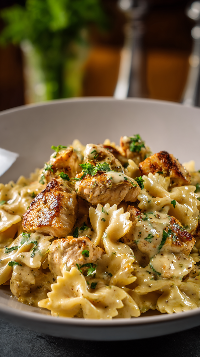 Creamy Cajun Chicken Bowtie Alfredo being served on beautiful dinnerware