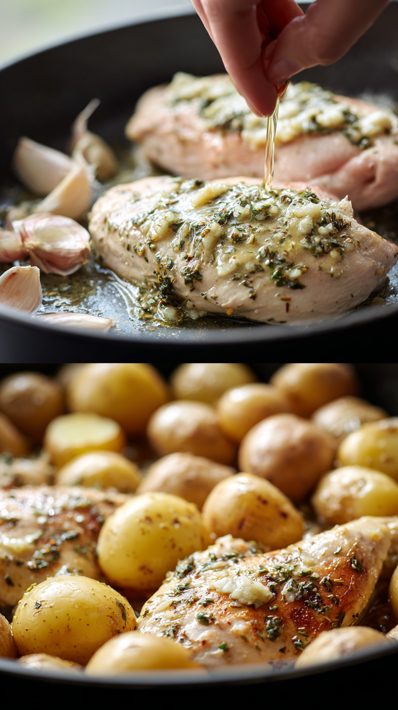Preparing Creamy Garlic Herb Chicken and Potatoes step by step cooking process
