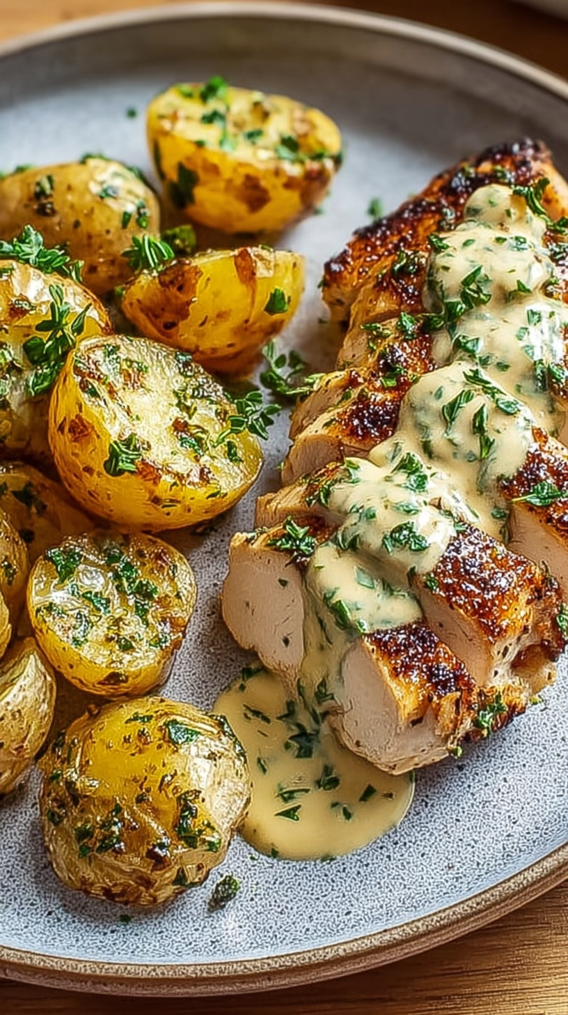 Creamy Garlic Herb Chicken and Potatoes being served on beautiful dinnerware