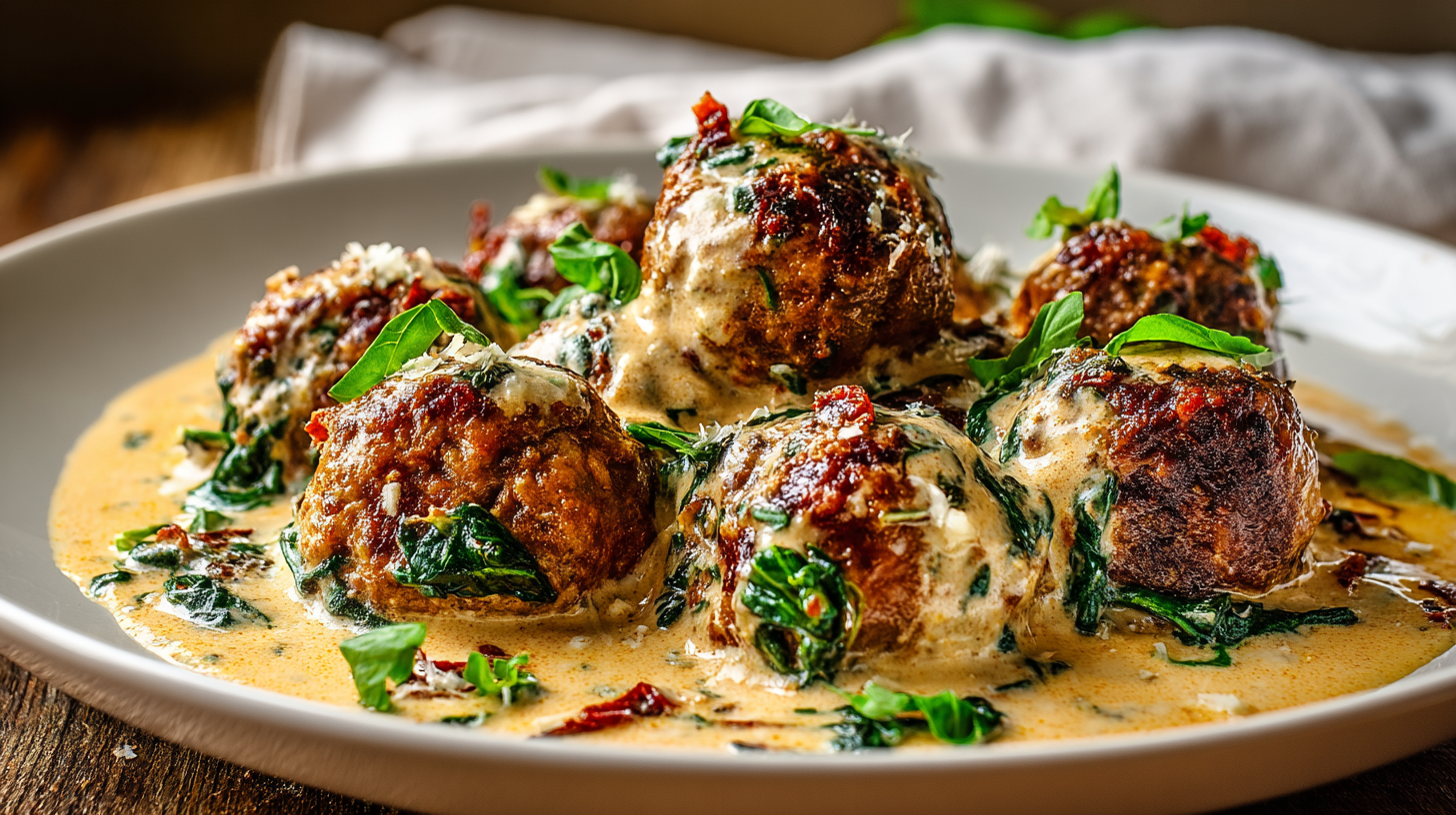 Creamy Tuscan Keto Meatballs in a rich, creamy sauce with sun-dried tomatoes and spinach