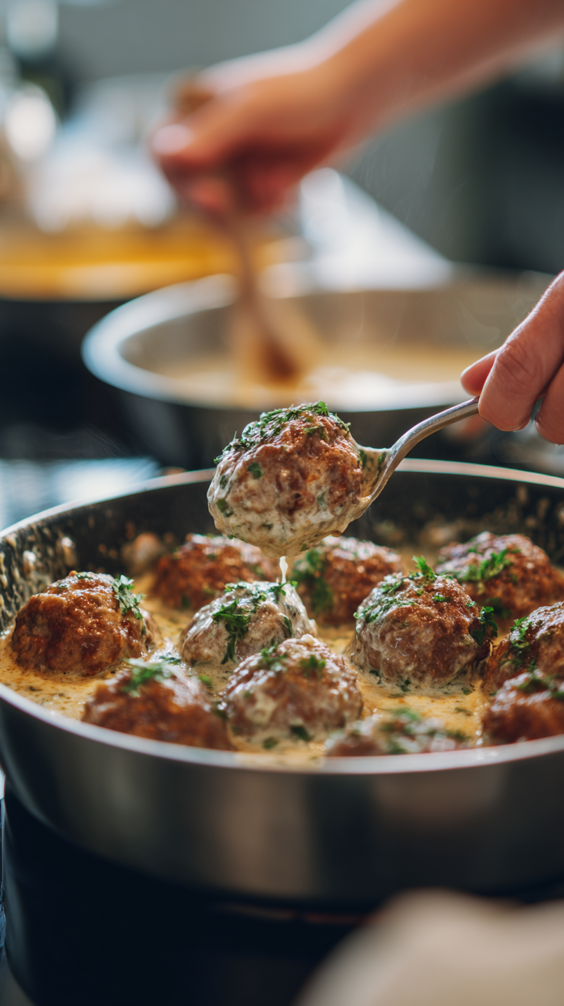 Preparing Creamy Tuscan Keto Meatballs step by step cooking process
