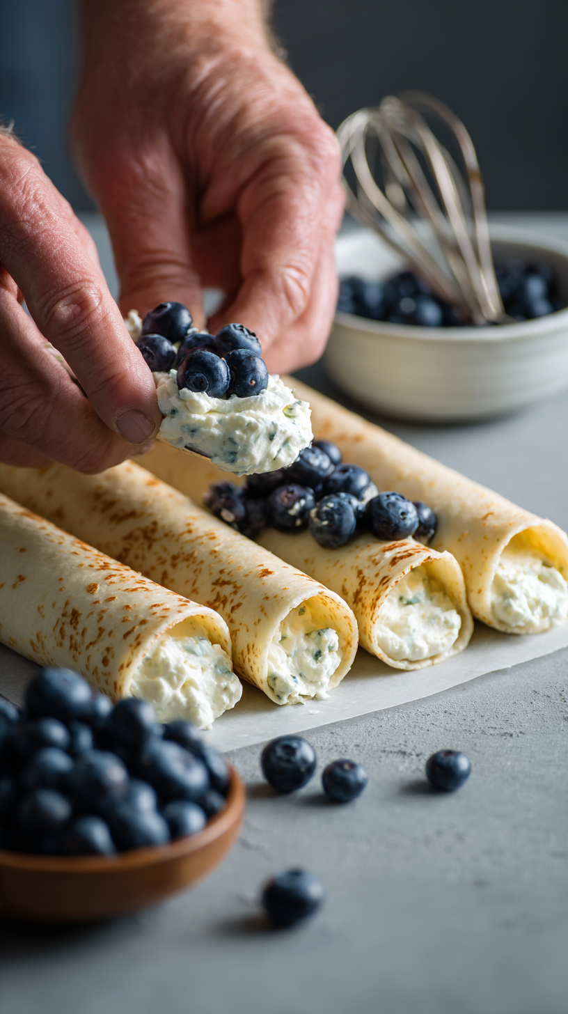 Preparing Crispy Keto Blueberry Cream Cheese Roll Ups step by step cooking process