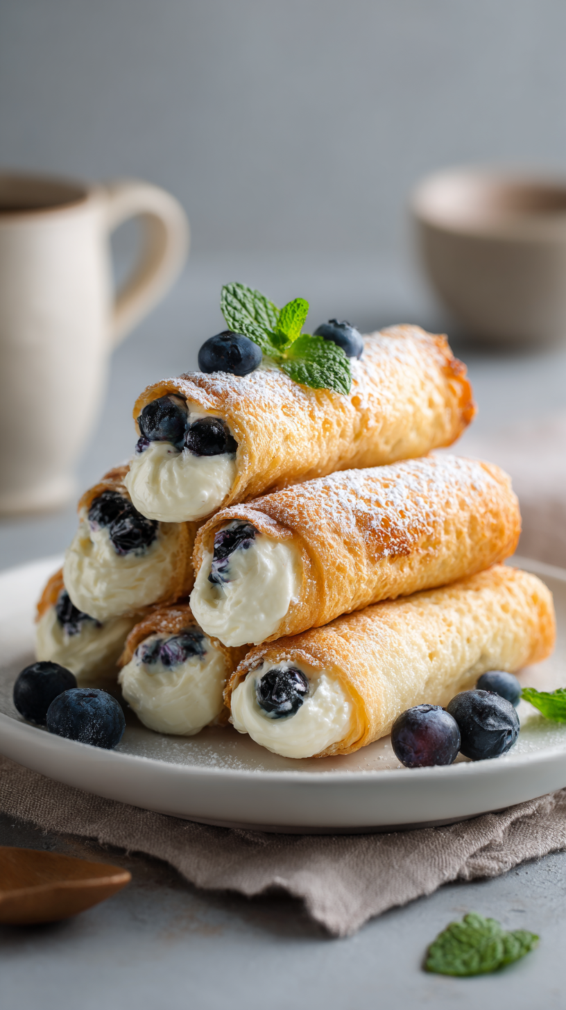 Crispy Keto Blueberry Cream Cheese Roll Ups being served on beautiful dinnerware