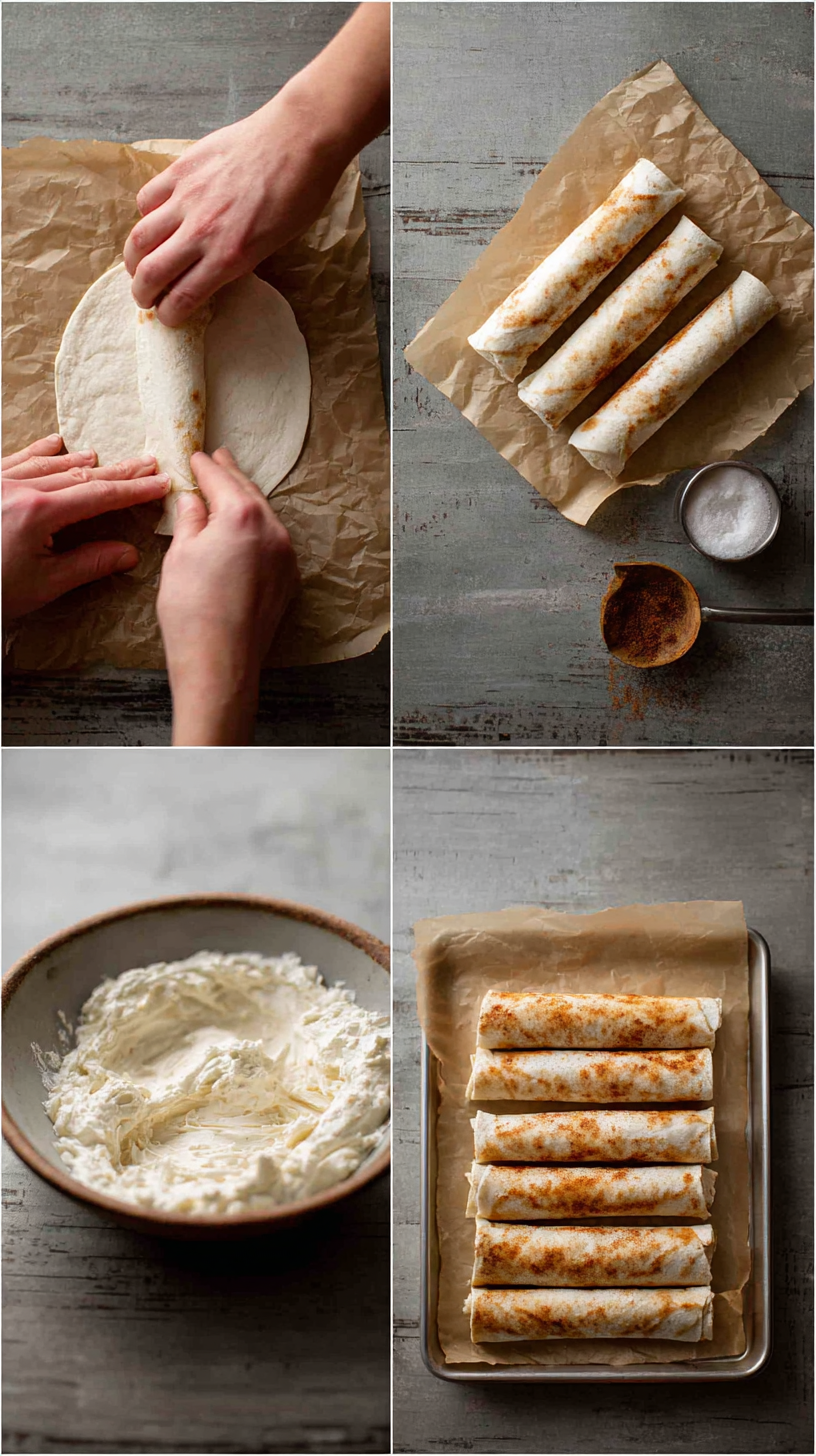 Preparing Crispy Keto Cinnamon Cream Cheese Roll Ups step by step cooking process