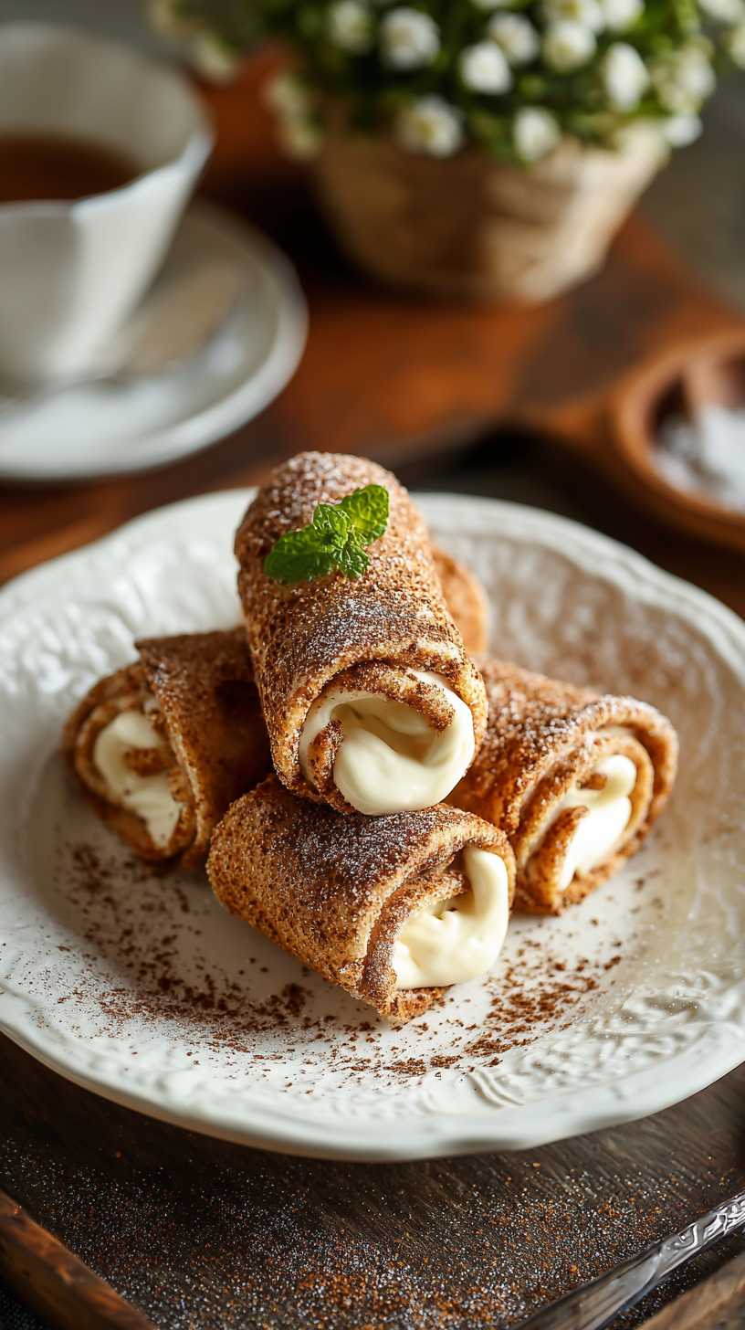 Crispy Keto Cinnamon Cream Cheese Roll Ups being served on beautiful dinnerware