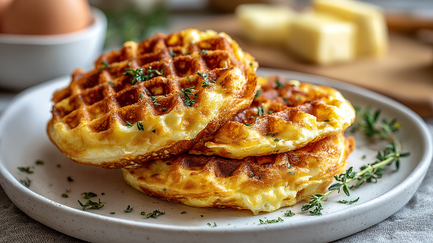 Egg & Cheese Chaffle hero shot with crispy edges and herbs