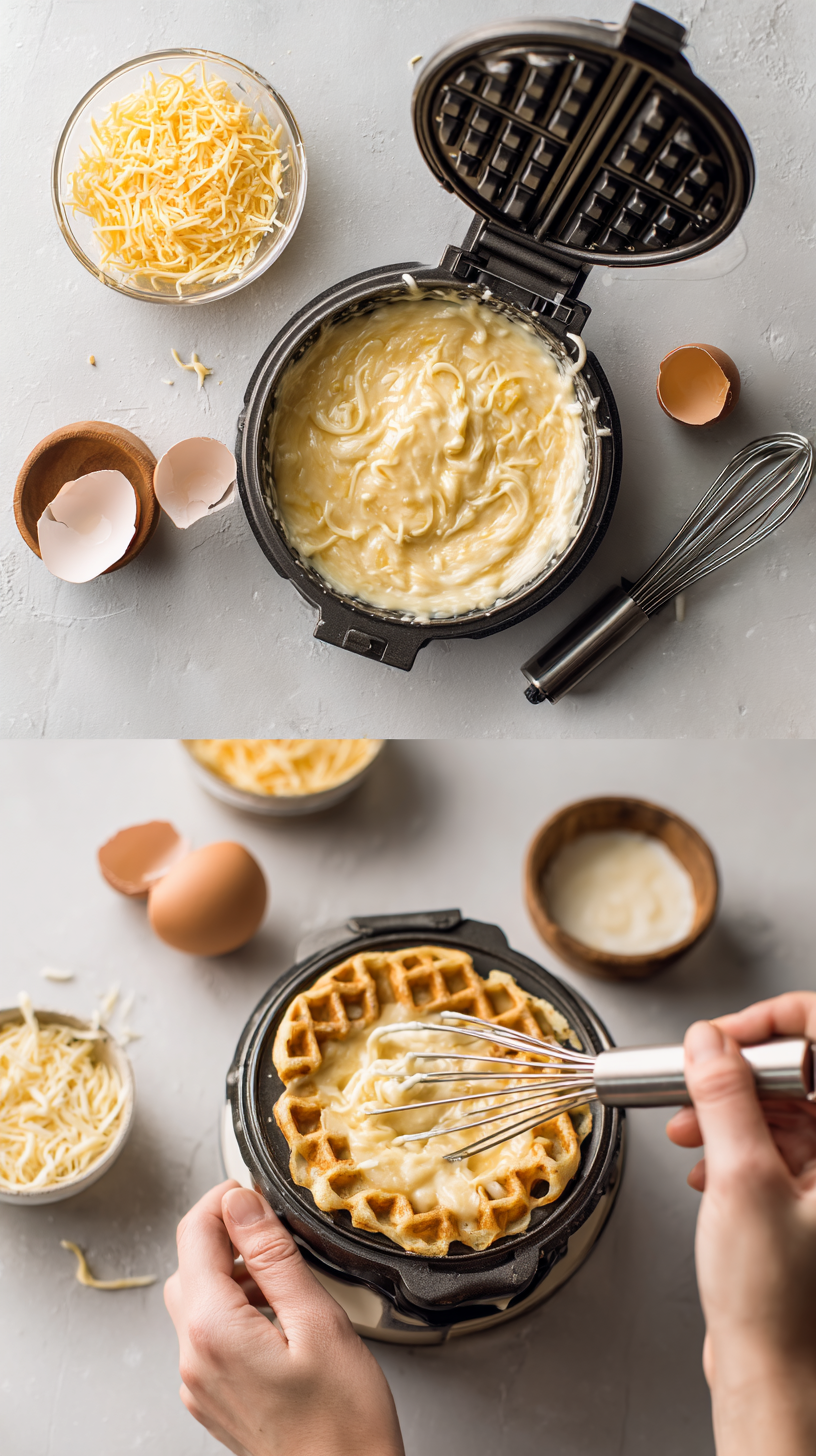 Preparing Egg & Cheese Chaffle step by step cooking process