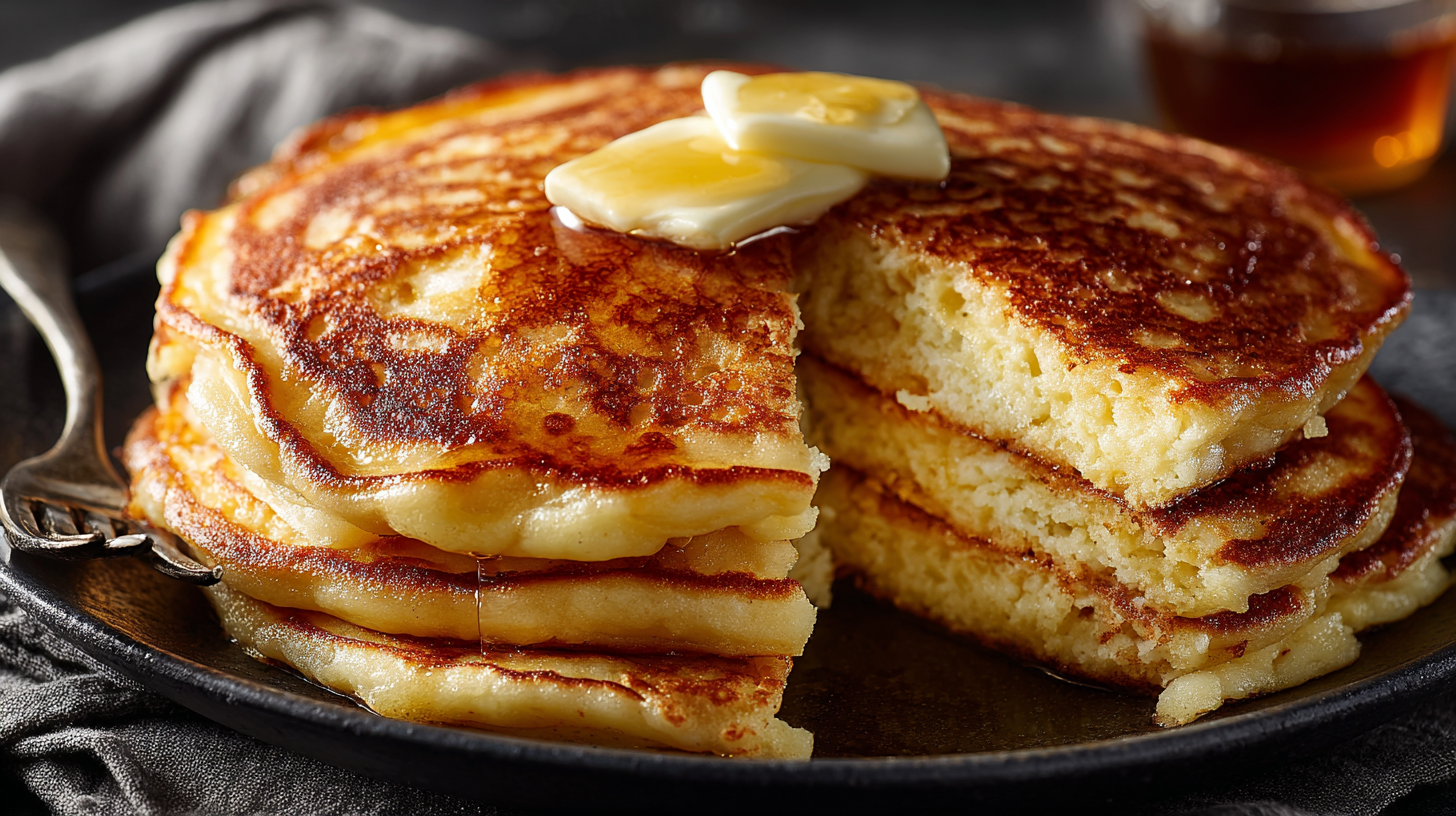 Flourless Cottage Cheese Pancakes hero shot with golden brown pancakes and crispy edges