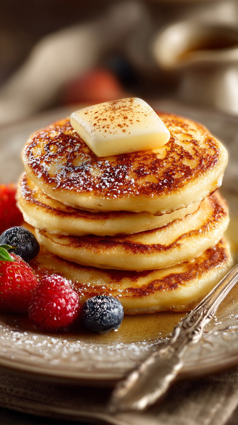 Flourless Cottage Cheese Pancakes being served on beautiful dinnerware