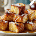 Hero shot of French Toast Bites, golden and crispy with powdered sugar and maple syrup