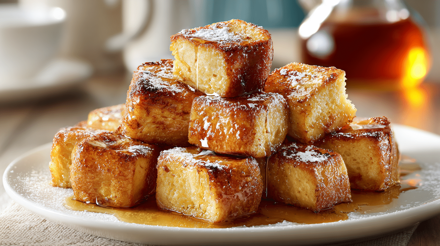 Hero shot of French Toast Bites, golden and crispy with powdered sugar and maple syrup