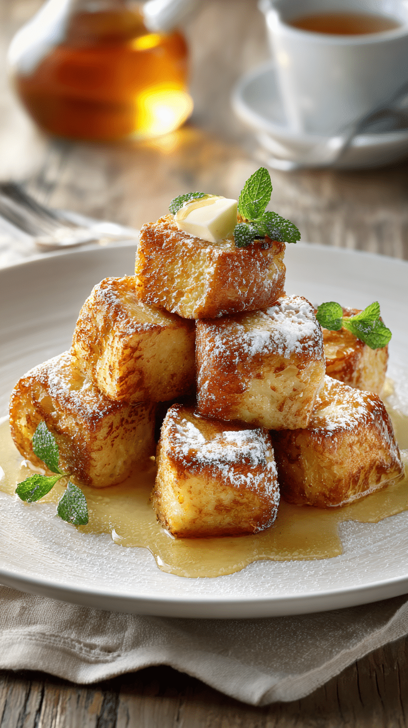 French Toast Bites being served on beautiful dinnerware