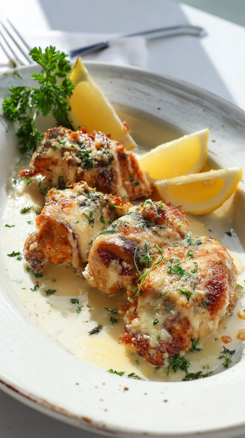 Garlic Parmesan Chicken being served on beautiful dinnerware