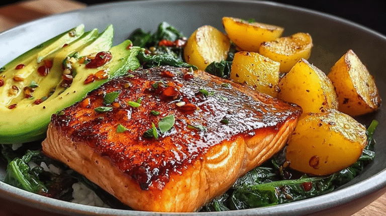 Glazed Salmon Bliss Bowl hero shot with vibrant colors and textures