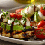 Grilled California Avocado Chicken hero shot showcasing the finished dish with creamy avocados and juicy tomatoes.