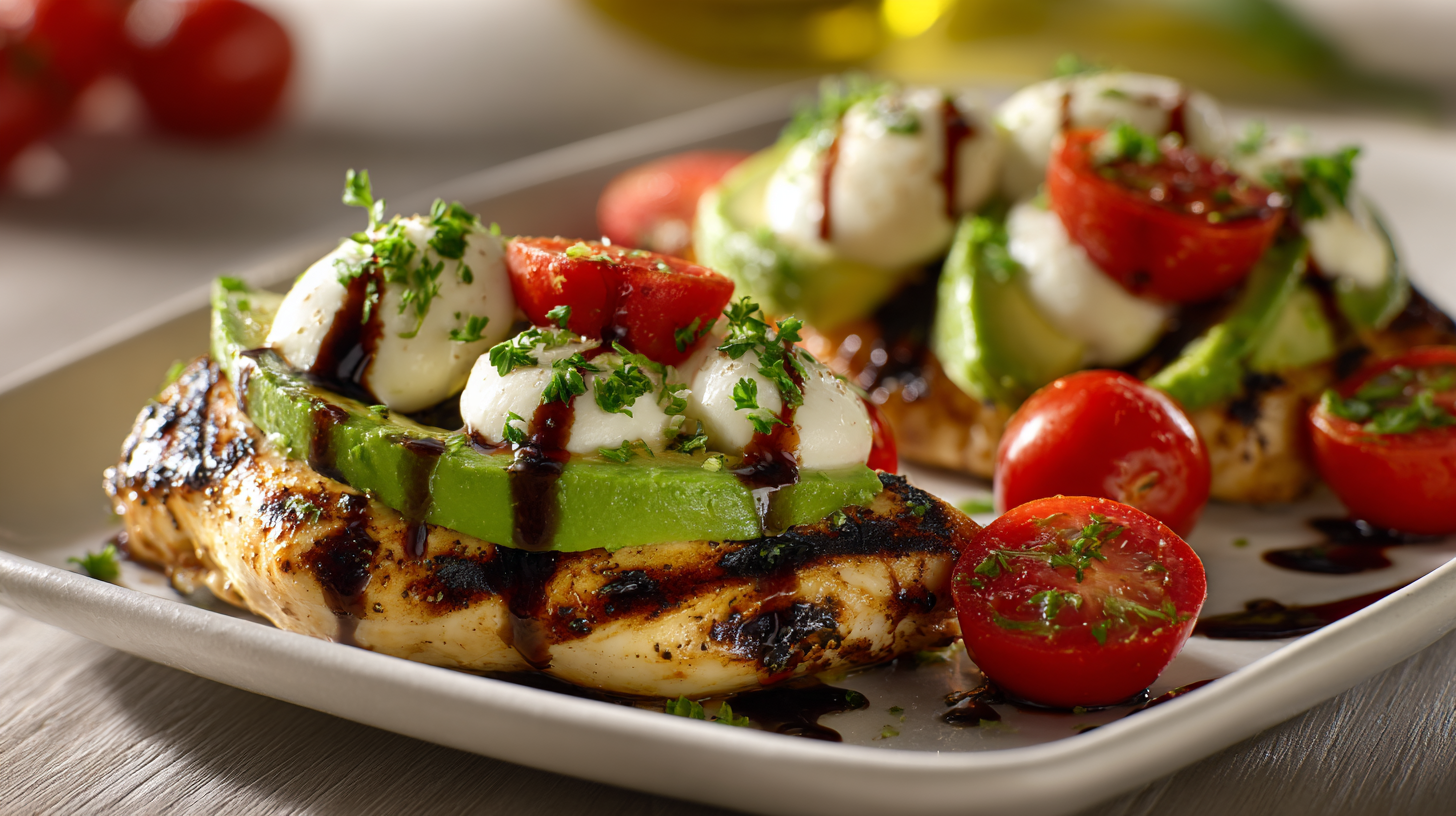 Grilled California Avocado Chicken hero shot showcasing the finished dish with creamy avocados and juicy tomatoes.