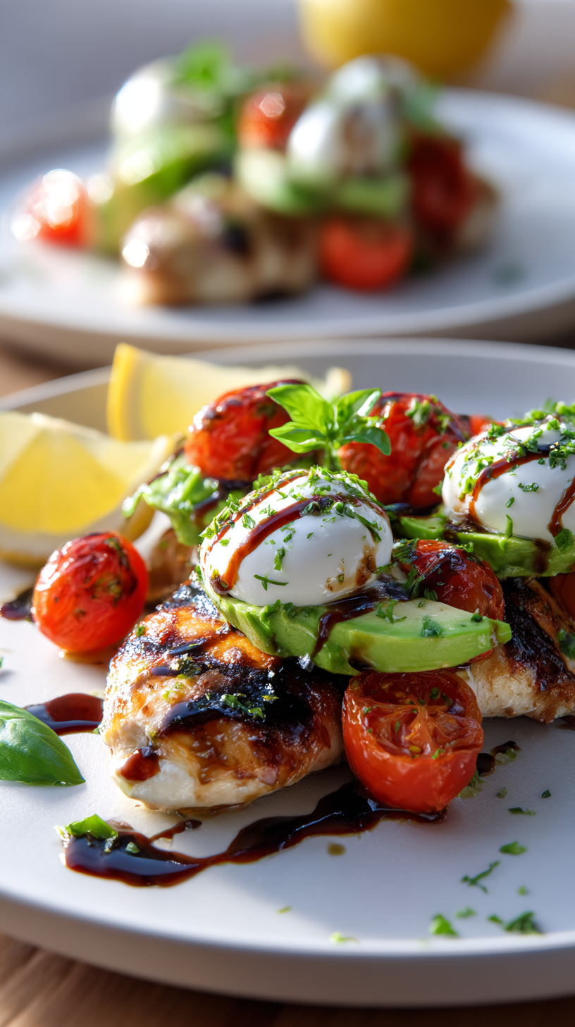 Grilled California Avocado Chicken being served on beautiful dinnerware