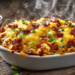 Hero shot of Keto BBQ Chicken Casserole with gooey cheese and crispy bacon