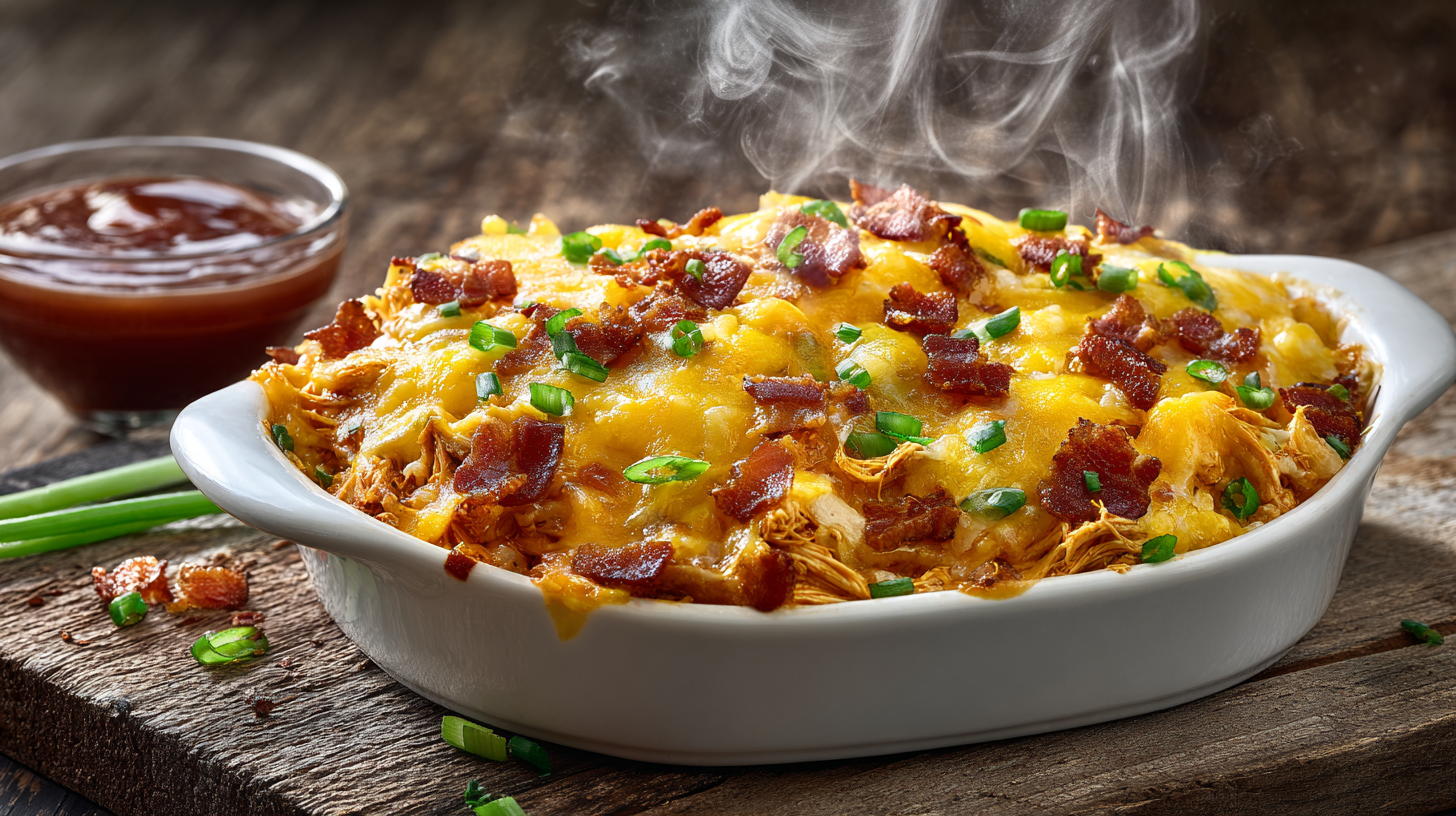 Hero shot of Keto BBQ Chicken Casserole with gooey cheese and crispy bacon