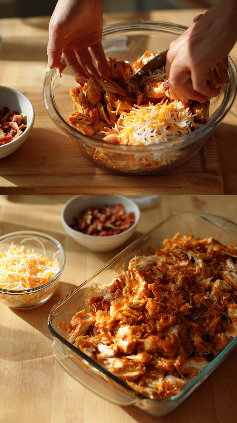 Preparing Keto BBQ Chicken Casserole step by step cooking process