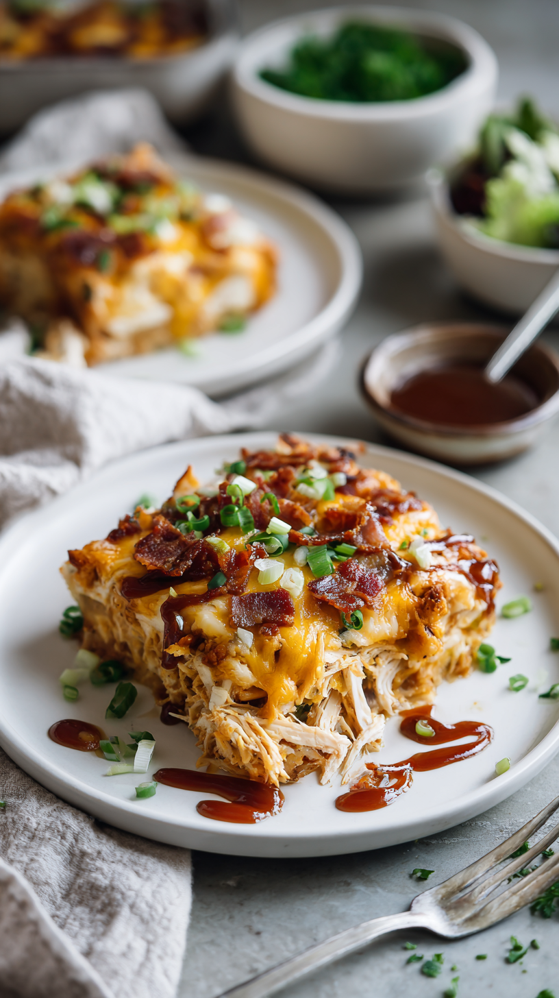 Keto BBQ Chicken Casserole being served on beautiful dinnerware