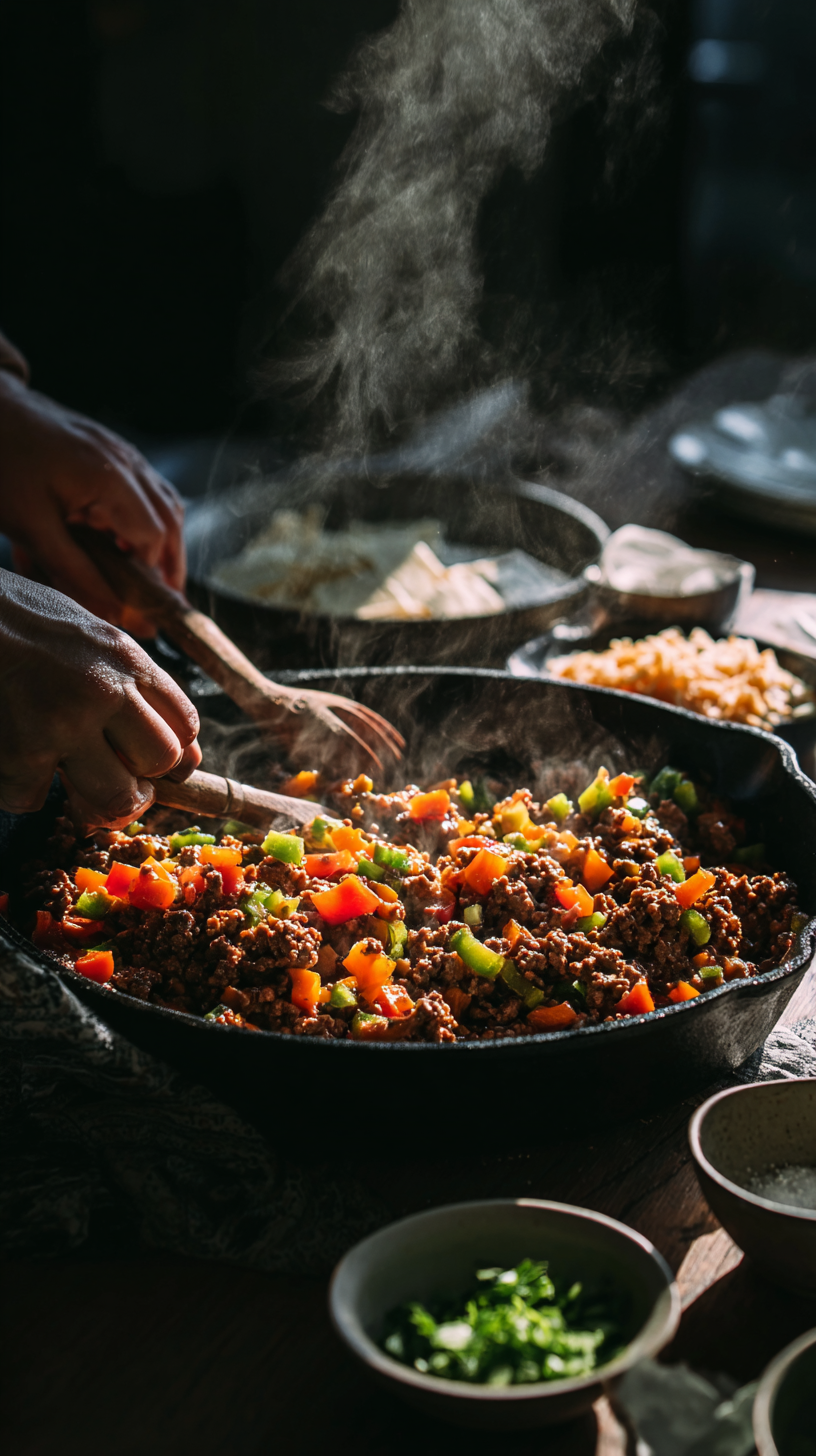 Preparing Keto Beef Burrito Skillet step by step cooking process