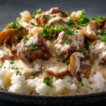 Keto Beef Stroganoff hero shot with creamy sauce and cauliflower rice