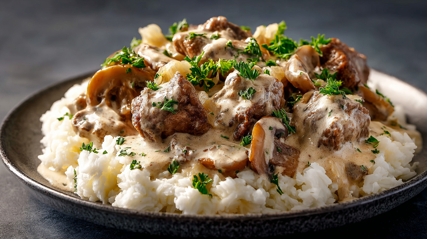 Keto Beef Stroganoff hero shot with creamy sauce and cauliflower rice