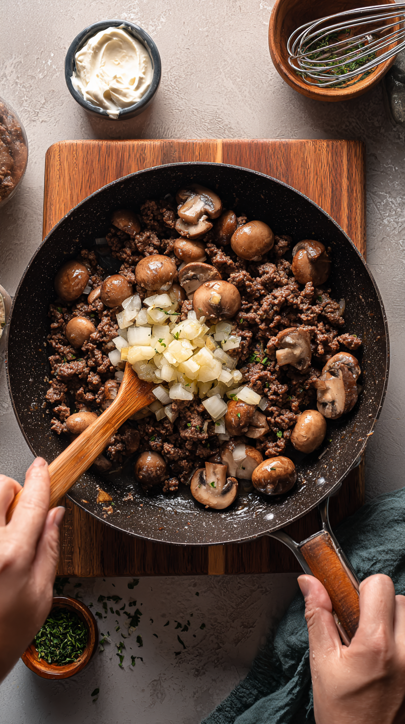 Preparing Keto Beef Stroganoff step by step cooking process