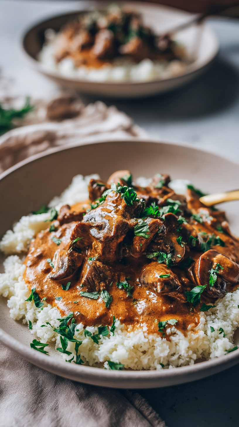 Keto Beef Stroganoff being served on beautiful dinnerware