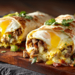 Keto Breakfast Burrito hero shot with crispy bacon and fluffy eggs
