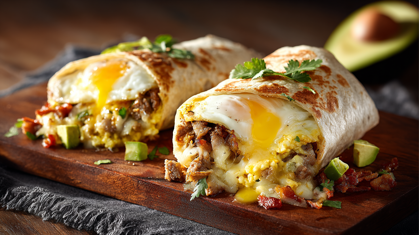 Keto Breakfast Burrito hero shot with crispy bacon and fluffy eggs