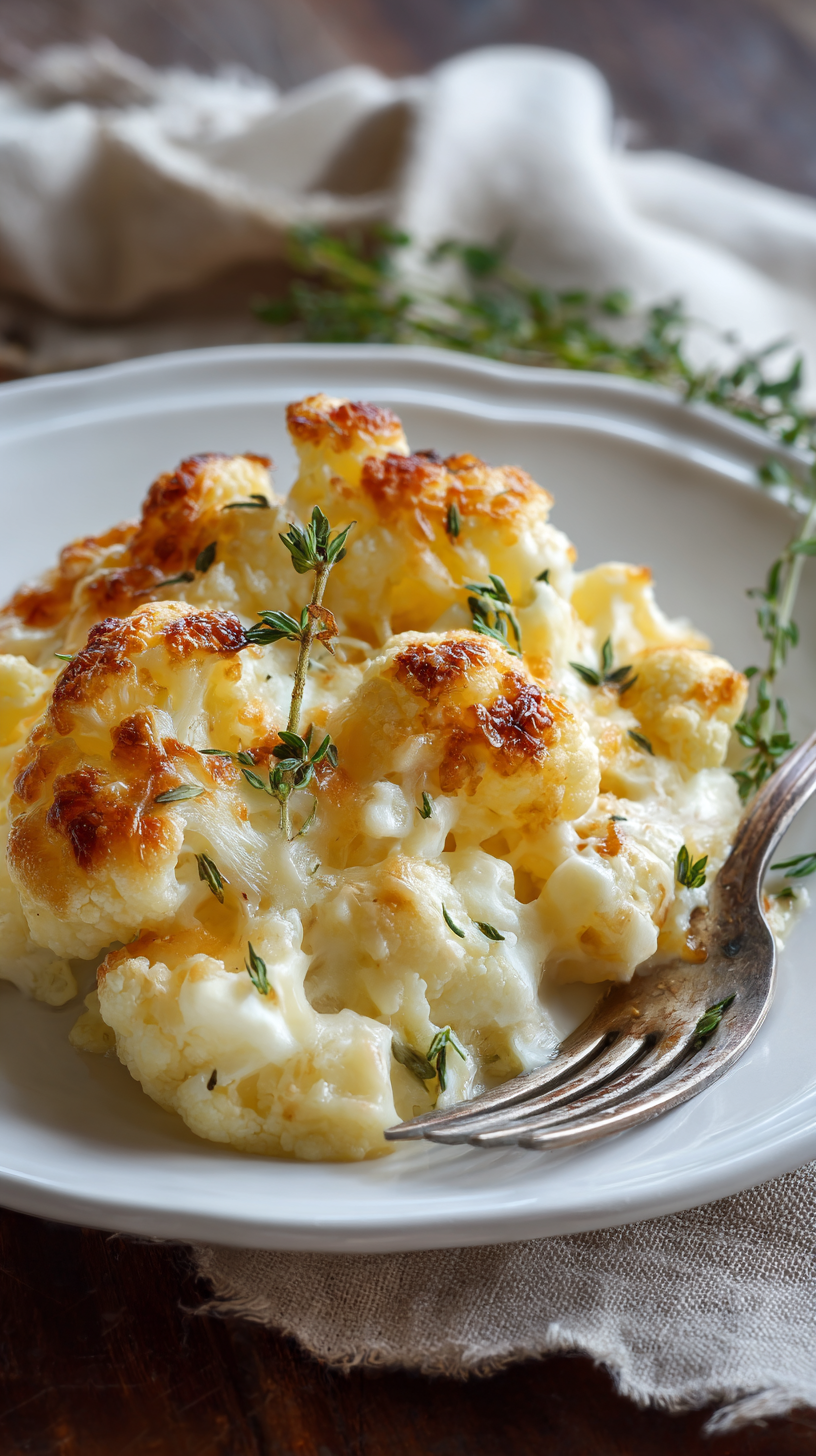 Keto Cauliflower Mac Cheese being served on beautiful dinnerware