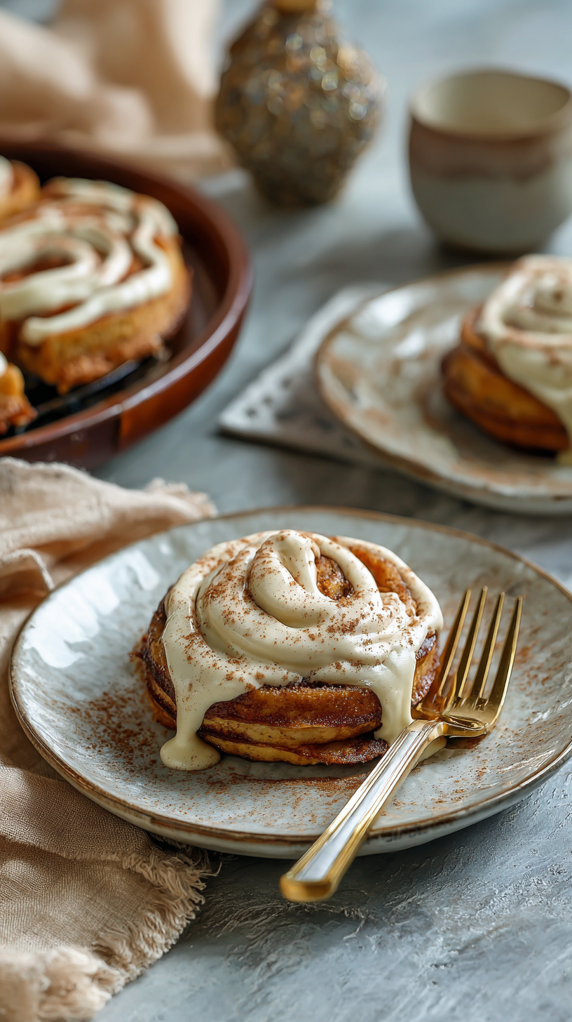 Keto Chaffle Cinnamon Roll being served on beautiful dinnerware