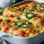 Keto Chicken Enchiladas Casserole with melted cheese and garnishes