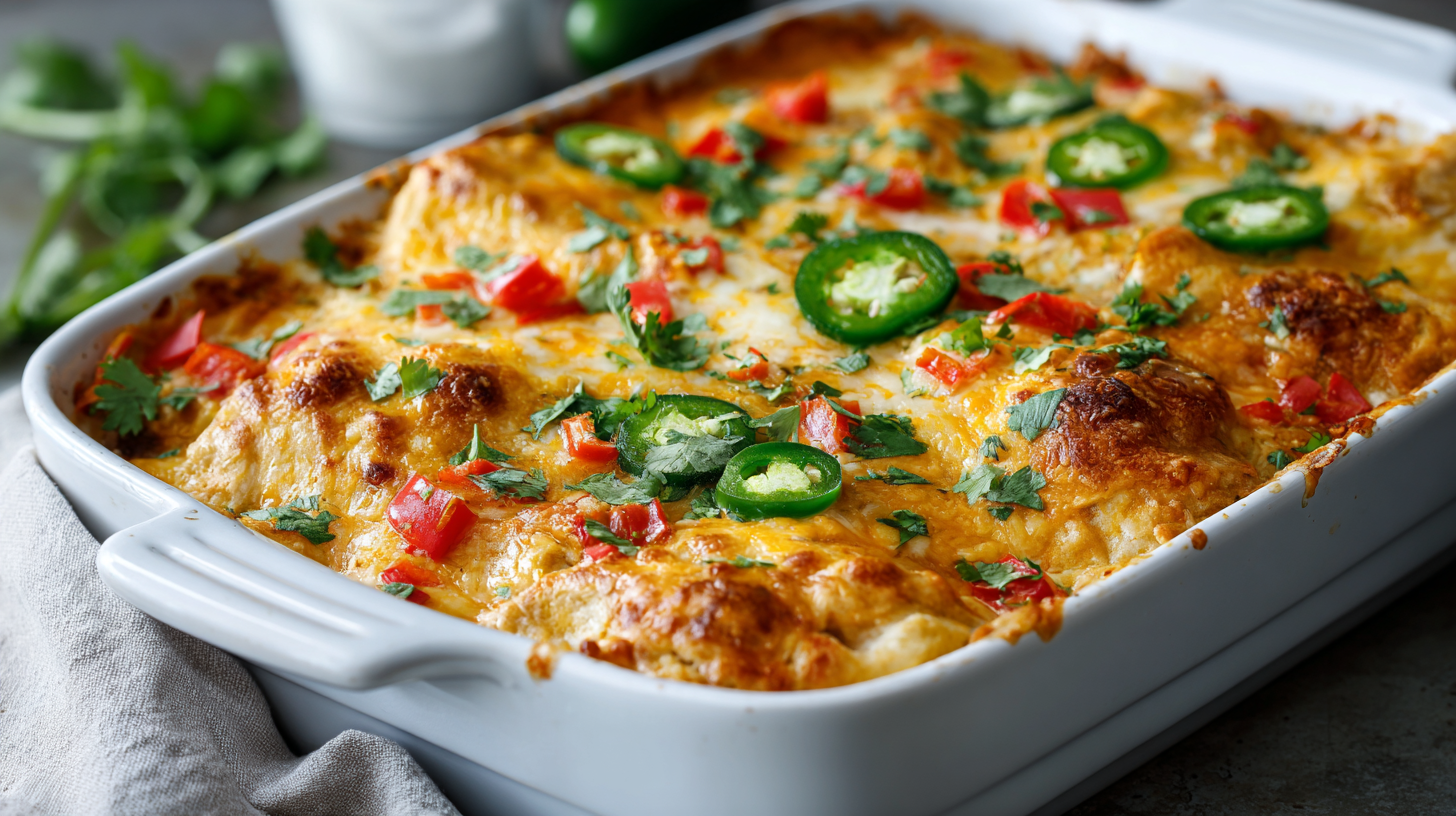Keto Chicken Enchiladas Casserole with melted cheese and garnishes
