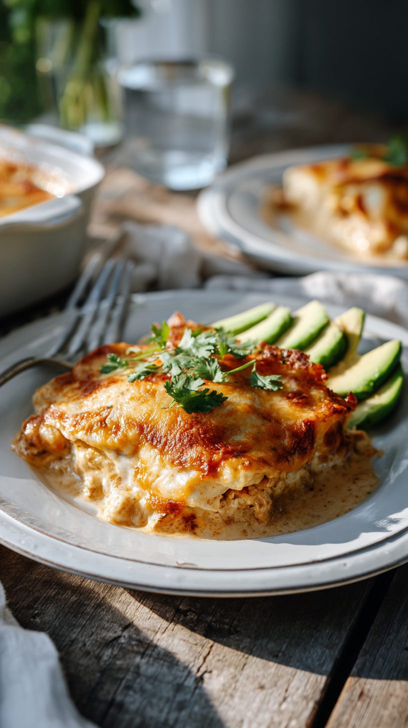 Keto Chicken Enchiladas Casserole being served on beautiful dinnerware