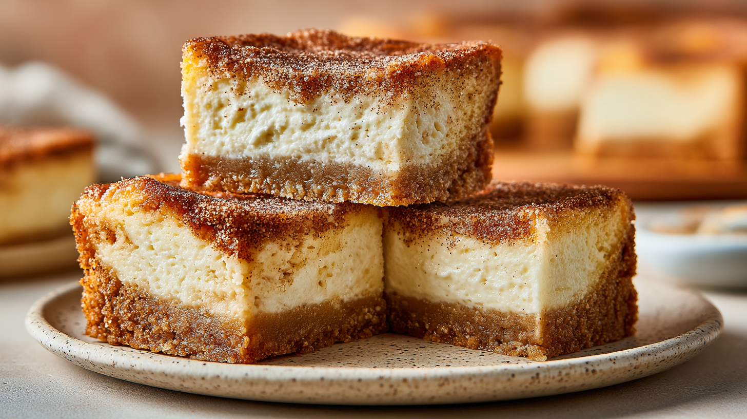 Keto Churro Cheesecake Bars hero shot with golden crust and creamy layer