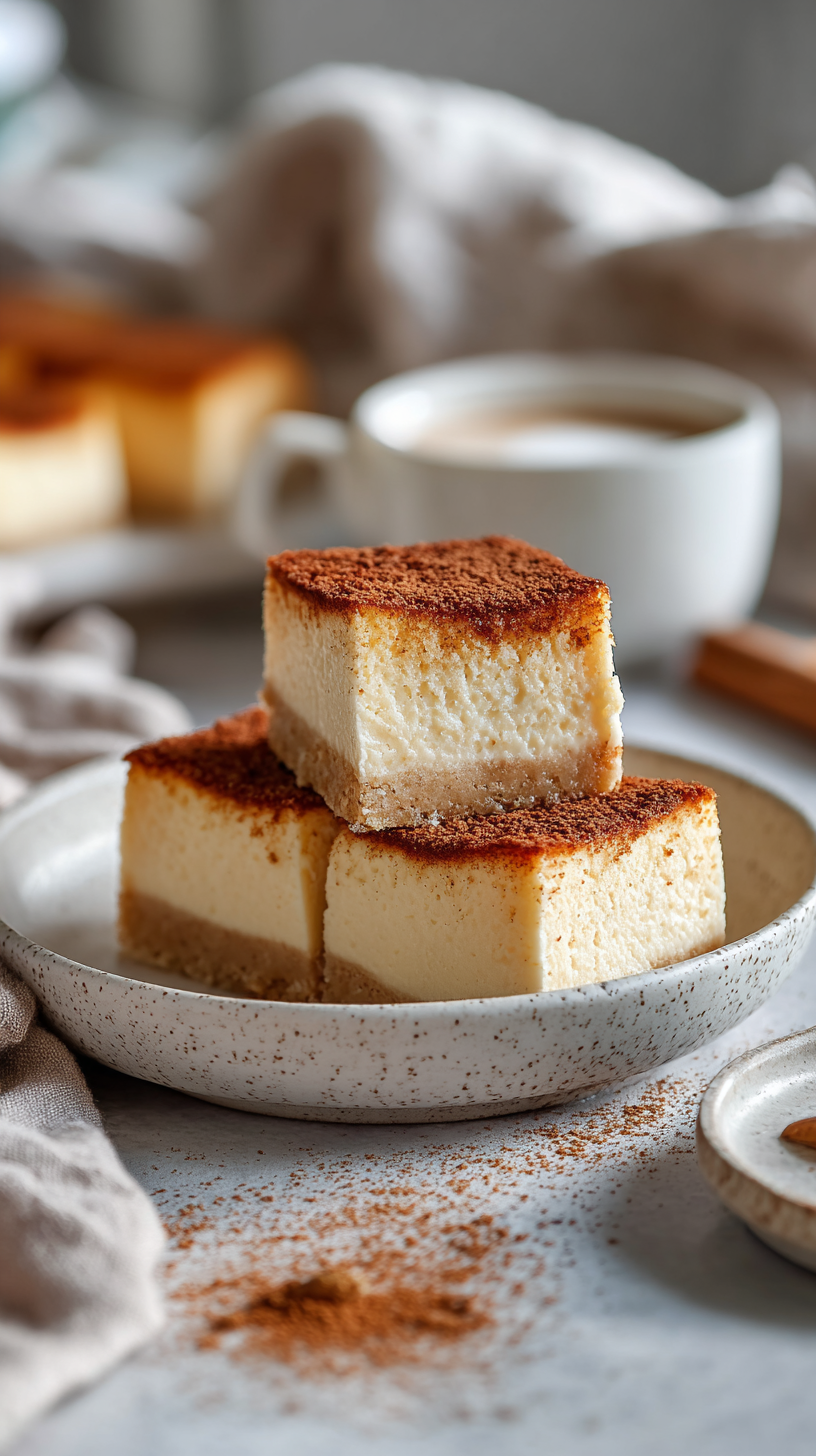 Keto Churro Cheesecake Bars being served on beautiful dinnerware