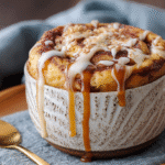 Keto Cinnamon Roll Mug Cake hero shot with creamy frosting swirl