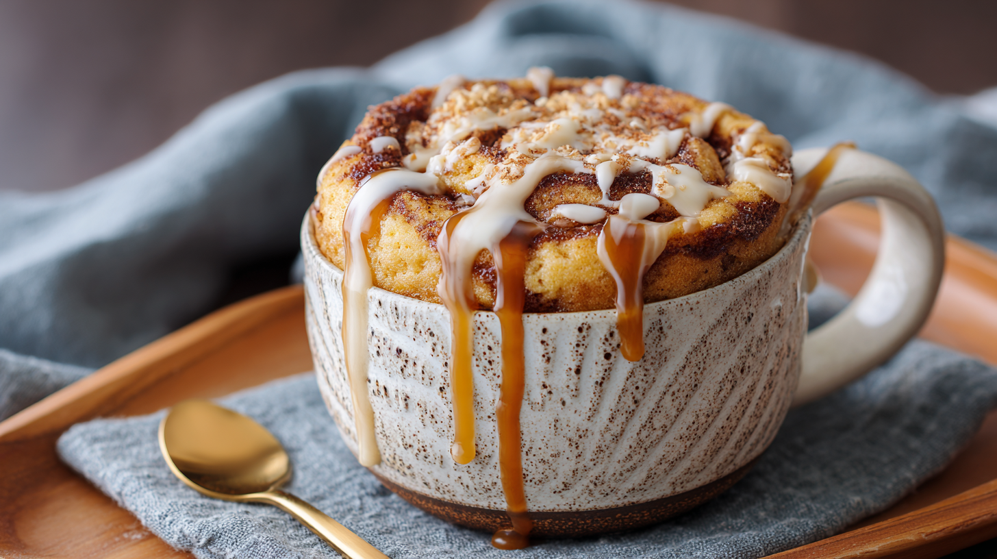 Keto Cinnamon Roll Mug Cake hero shot with creamy frosting swirl