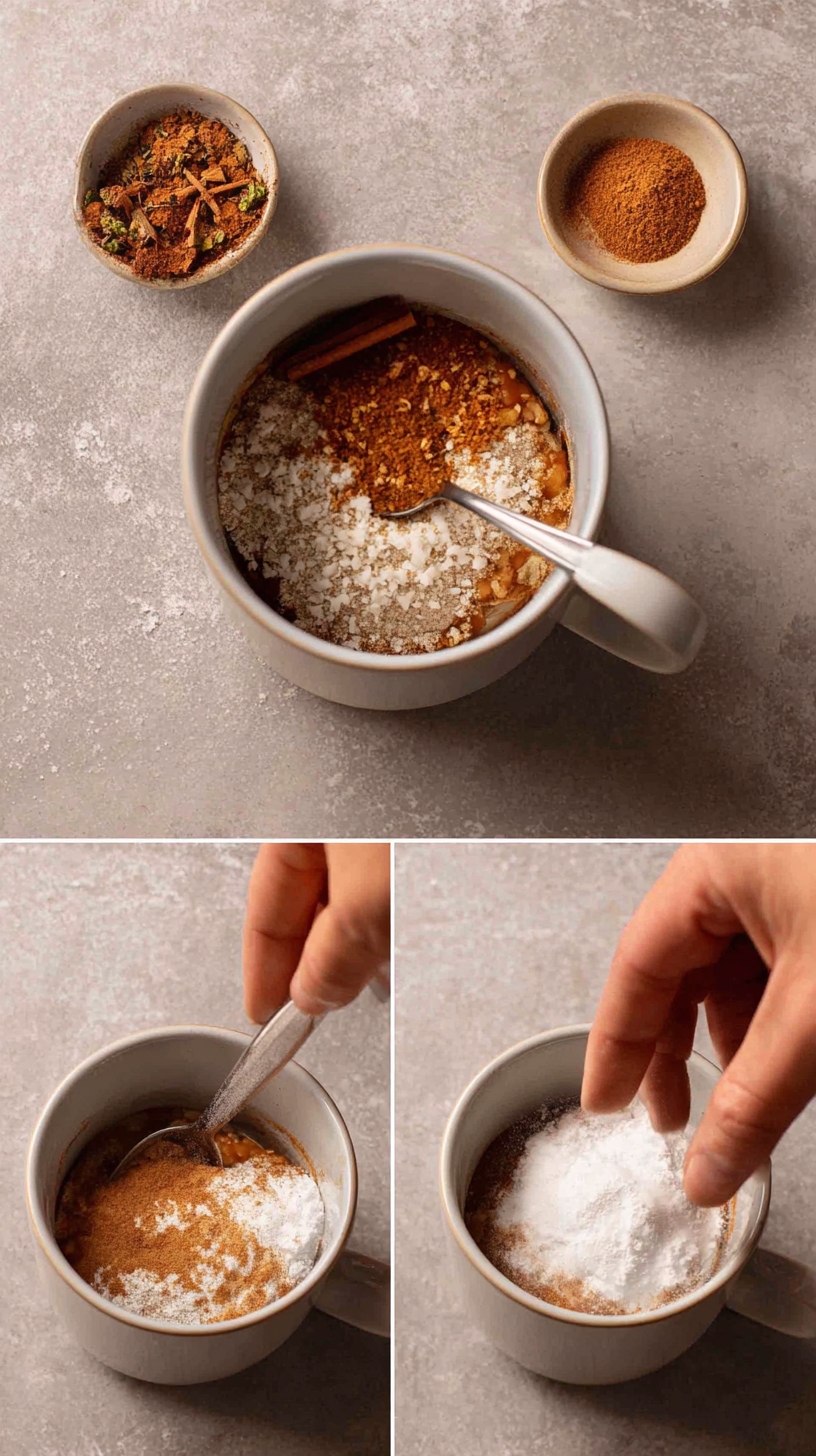 Preparing Keto Cinnamon Roll Mug Cake step by step cooking process