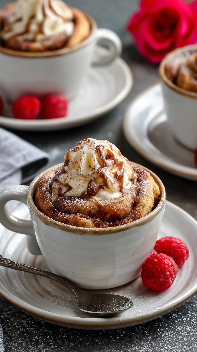 Keto Cinnamon Roll Mug Cake being served on beautiful dinnerware